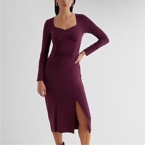 Sweetheart Neckline Long Sleeve Ruched Side Slit Midi Dress Express